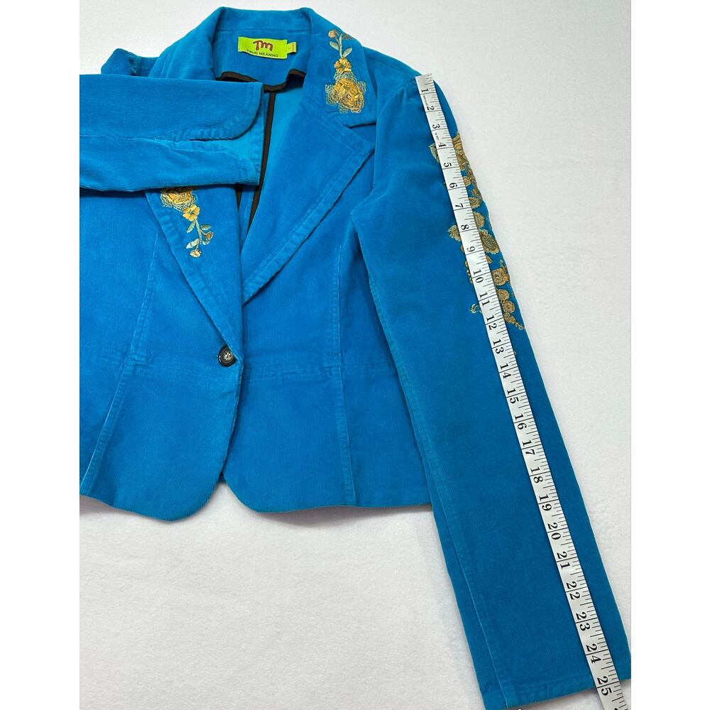 True Meaning Blue Corduroy Floral Embroidered Blazer Jacket Y2K Boho Large - Picture 10 of 12